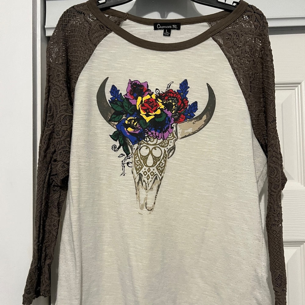 Brown Lace Sleeve Cow Skull Top